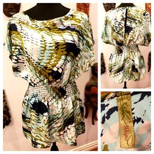 Green, Navy, White & Tan, Gathered-Waisted Blouse